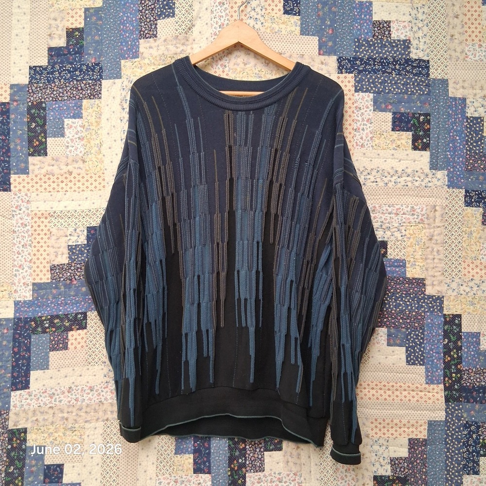 Vtg 90s Tundra Canada 3D Knit Sweater Blue Black Textured Coogi Style Mens M